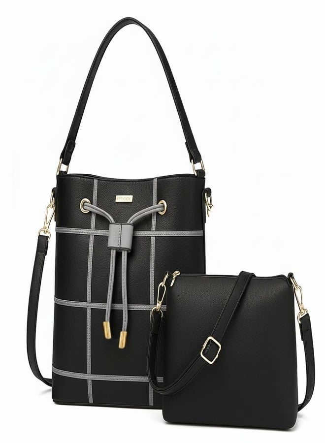 TYPIFY Women's 2-in-1 Bucket Bag and Sling Bag Combo Set, Grid Pattern, Lightweight Shoulder Tote Handbag, Trending Large Drawstring Latherette Office College Bag Set. Gift for Her (Black & Grey) - Image 1